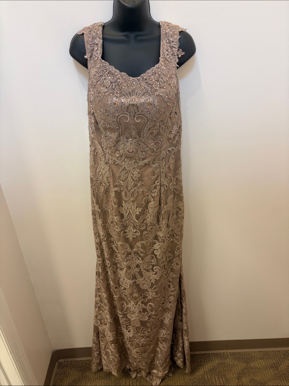 Montage by Mon Cheri Taupe Beaded Lace Evening Gown